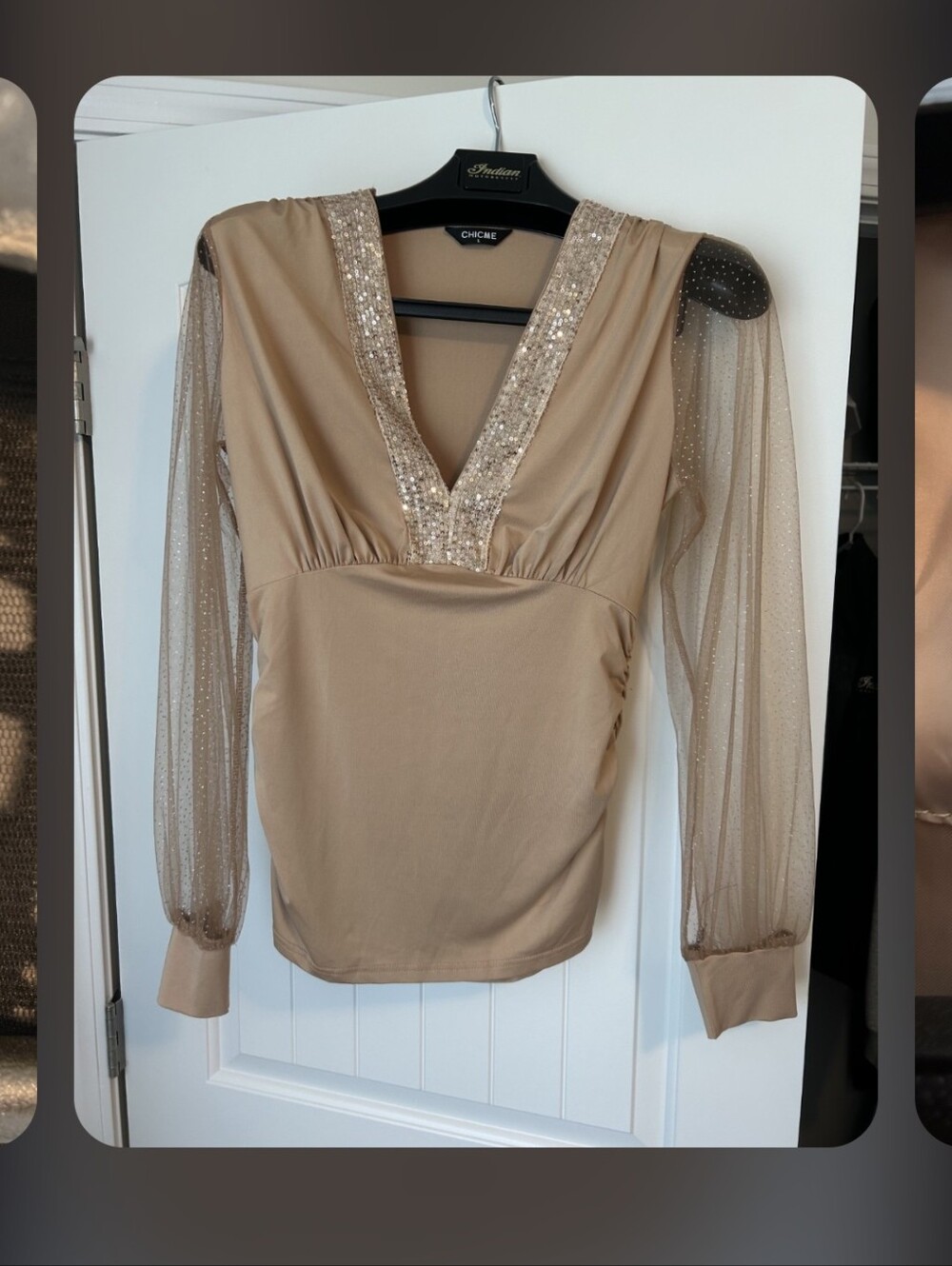 Ruched V-Neck Blouse with Sheer Dot Sleeves in Beige - Picture 2 of 2